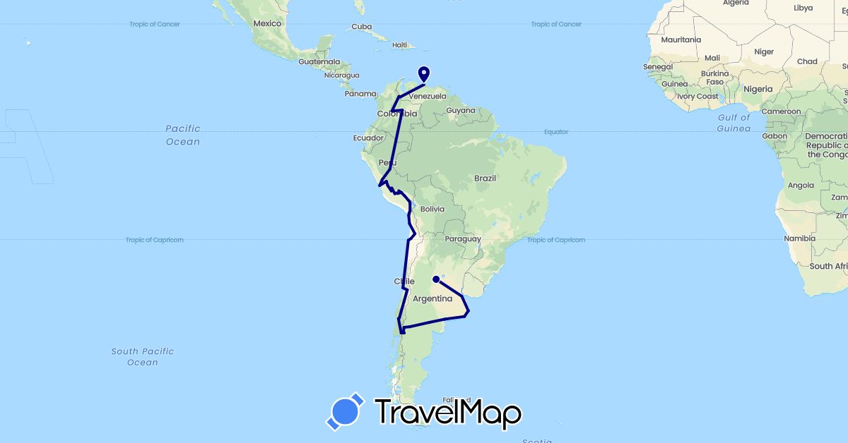 TravelMap itinerary: driving in Argentina, Chile, Colombia, Peru, Venezuela (South America)
